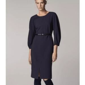 NWT Massimo Dutti Women's Navy Midi Dress Size 6 Puff Sleeve Old Money Workwear